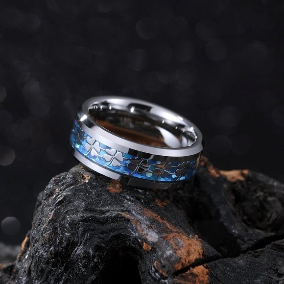 ⭐ King Will 8mm Tungsten Wedding Band - Blue Opal & Four Leaf Clover Inlay - Picture 3 of 6